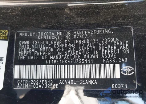 2007 Toyota Camry Le from USA, damaged, VIN 4T1BE46K47U725111
